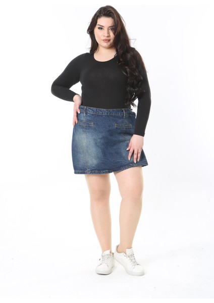 Kadın Büyük Beden Lacivert Süs Flota Cepli Yan Fermuarlı Kot Şort Etek 65N38886 fiyatları