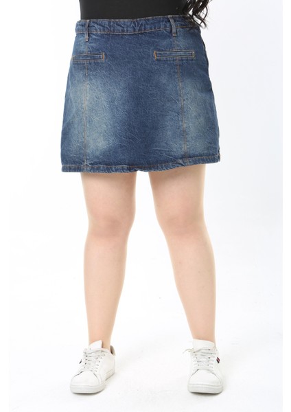 Kadın Büyük Beden Lacivert Süs Flota Cepli Yan Fermuarlı Kot Şort Etek 65N38886 modelleri