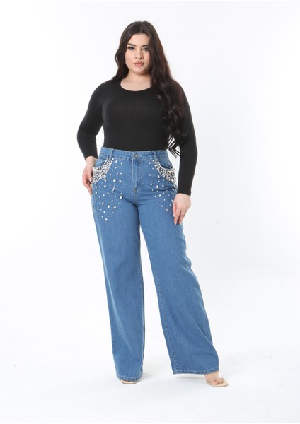 Kadın Büyük Beden Mavi Taş Işli Yüksek Bel 5 Cepli Kot Pantolon 65N38895