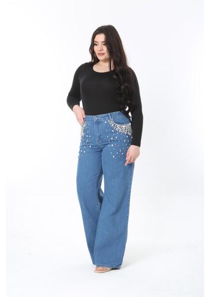 Kadın Büyük Beden Mavi Taş Işli Yüksek Bel 5 Cepli Kot Pantolon 65N38895 fiyatları