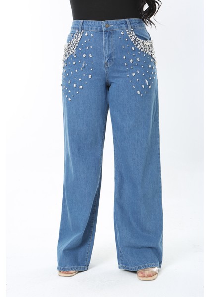 Kadın Büyük Beden Mavi Taş Işli Yüksek Bel 5 Cepli Kot Pantolon 65N38895 modelleri