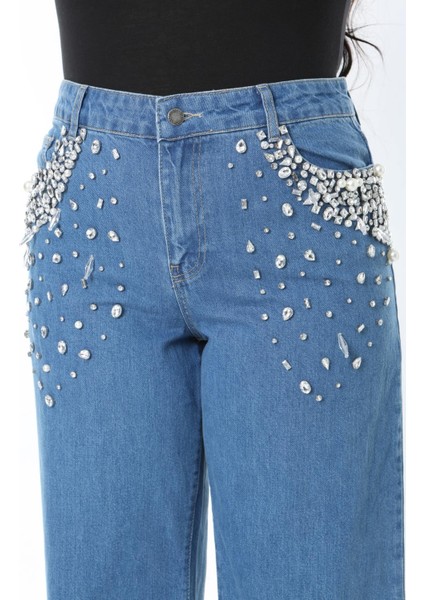 Kadın Büyük Beden Mavi Taş Işli Yüksek Bel 5 Cepli Kot Pantolon 65N38895 fırsatları