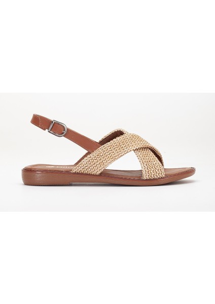 Kadın Düz Topuklu Sandalet Bej Hasır Çapraz Bantlı