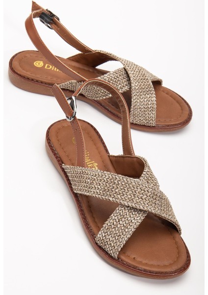 Kadın Düz Topuklu Sandalet Vizon Hasır Çapraz Bantlı