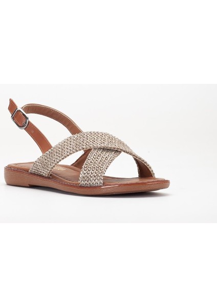 Kadın Düz Topuklu Sandalet Vizon Hasır Çapraz Bantlı