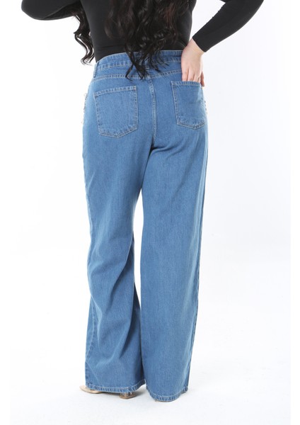 Kadın Büyük Beden Mavi Taş Işli Yüksek Bel 5 Cepli Kot Pantolon 65N38895