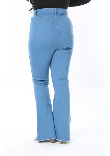 Kadın Büyük Beden Mavi Yüksek Bel Geniş Paçalı 5 Cep Likralı Kot Pantolon 65N38894 indirimleri