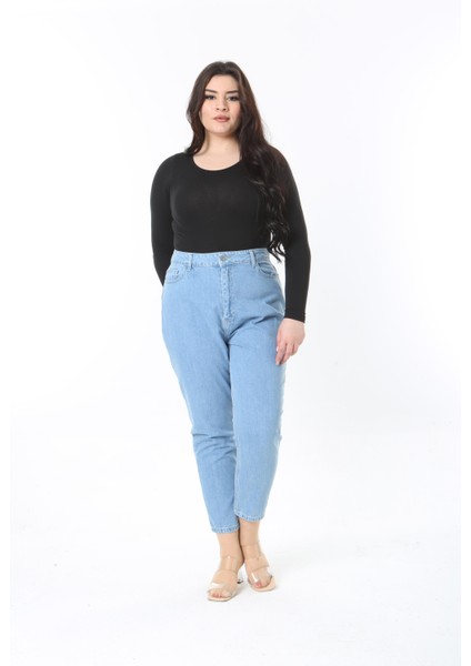 Kadın Büyük Beden Mavi Yüksek Bel 5 Cepli Bilek Boy Mom Kot Pantolon 65N38904 fiyatları