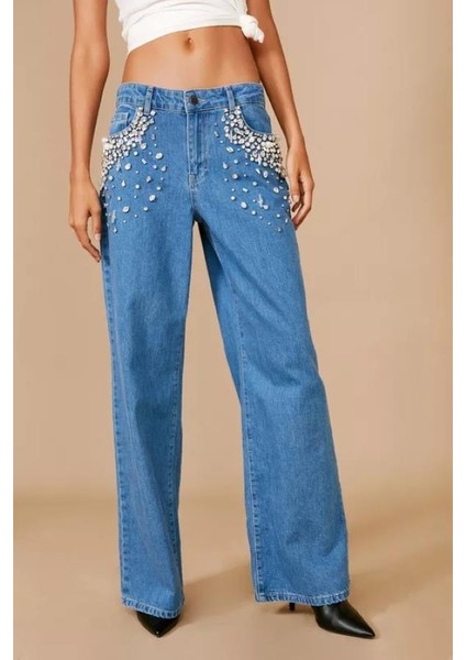 Kadın Büyük Beden Mavi Taş Işleriyle Süslenmiş, Yüksek Bel, Geniş Paça 5 Cep Kot Pantolon 65N38745