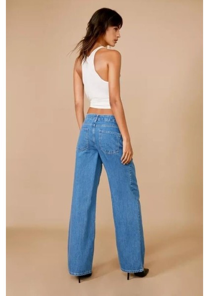 Kadın Büyük Beden Mavi Taş Işleriyle Süslenmiş, Yüksek Bel, Geniş Paça 5 Cep Kot Pantolon 65N38745 fiyatları