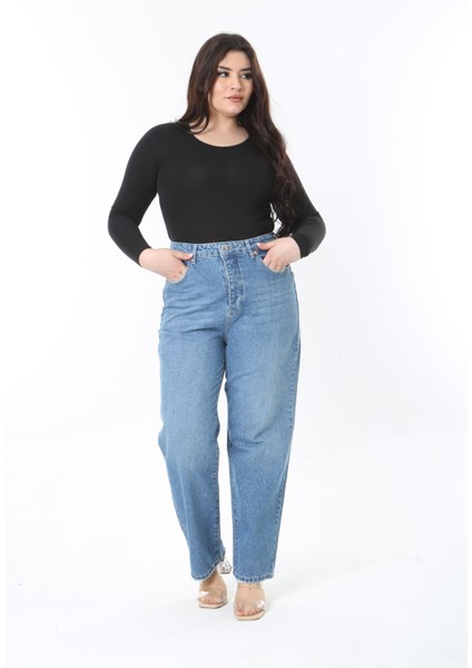 Kadın Büyük Beden Mavi Yüksek Bel Yıkama Efektli 5 Cepli Kot Pantolon 65N38888