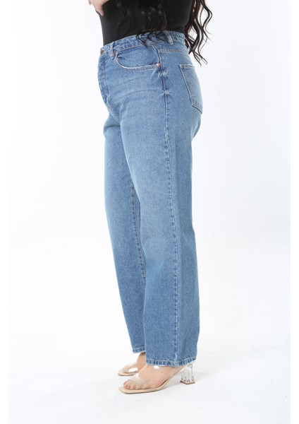 Kadın Büyük Beden Mavi Yüksek Bel Yıkama Efektli 5 Cepli Kot Pantolon 65N38888 fırsatları