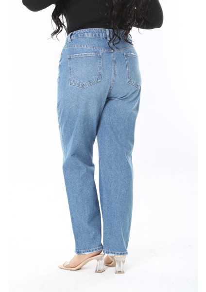 Kadın Büyük Beden Mavi Yüksek Bel Yıkama Efektli 5 Cepli Kot Pantolon 65N38888 indirimleri