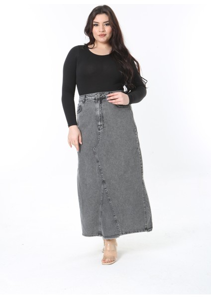 Kadın Büyük Beden Füme Kup Detaylı 5 Cepli Uzun Kot Etek 65N38892