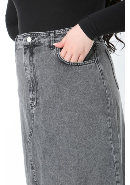 Kadın Büyük Beden Füme Kup Detaylı 5 Cepli Uzun Kot Etek 65N38892