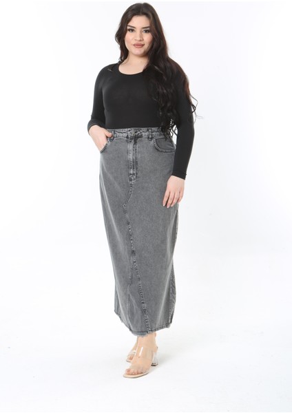 Kadın Büyük Beden Füme Kup Detaylı 5 Cepli Uzun Kot Etek 65N38892