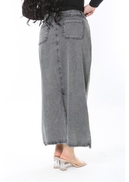 Kadın Büyük Beden Füme Kup Detaylı 5 Cepli Uzun Kot Etek 65N38892