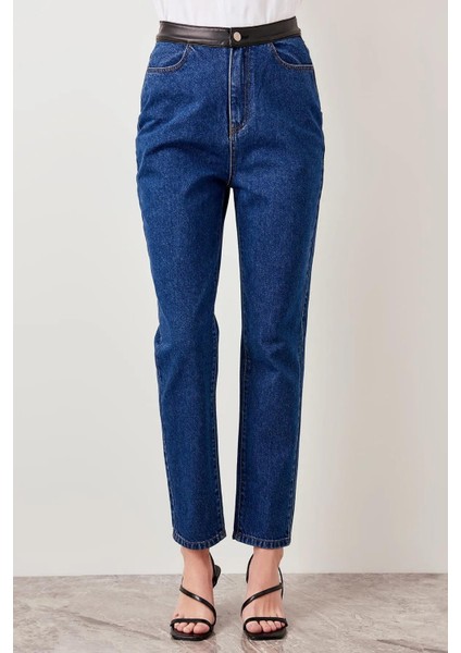 Kadın Mavi , Deri Detaylı , Yüksek Bel Kot Pantolon