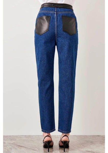 Kadın Mavi , Deri Detaylı , Yüksek Bel Kot Pantolon fiyatları
