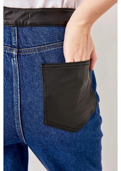 Kadın Mavi , Deri Detaylı , Yüksek Bel Kot Pantolon modelleri