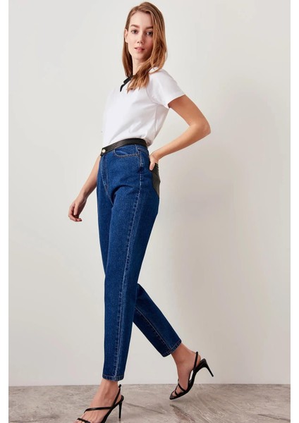 Kadın Mavi , Deri Detaylı , Yüksek Bel Kot Pantolon fırsatları