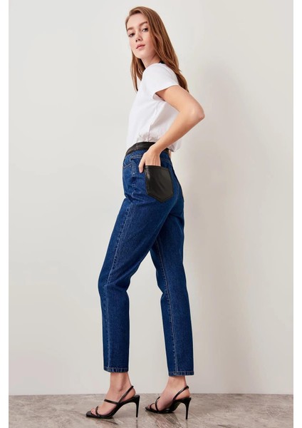 Kadın Mavi , Deri Detaylı , Yüksek Bel Kot Pantolon indirimleri