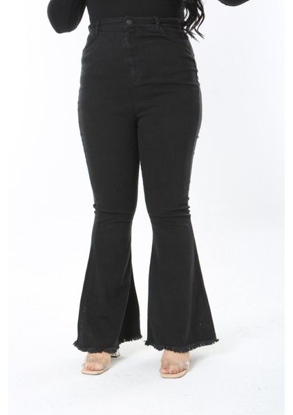 Kadın Büyük Beden Siyah Yüksek Bel Geniş Paçalı 5 Cep Likralı Kot Pantolon 65N38894