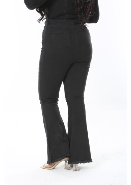 Kadın Büyük Beden Siyah Yüksek Bel Geniş Paçalı 5 Cep Likralı Kot Pantolon 65N38894 modelleri