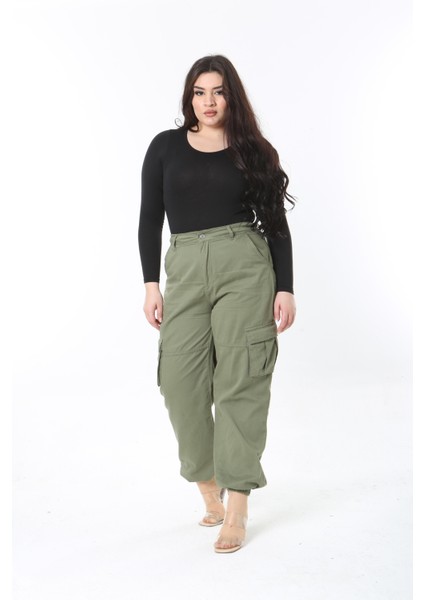 Kadın Büyük Beden Haki Gabardin Kumaş Yüksek Bel Kargo Cepli Paça Lastikli Pantolon 65N38901 fiyatları