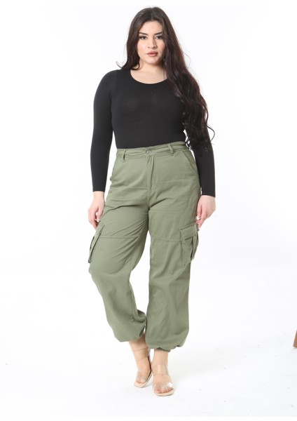 Kadın Büyük Beden Haki Gabardin Kumaş Yüksek Bel Kargo Cepli Paça Lastikli Pantolon 65N38901 modelleri