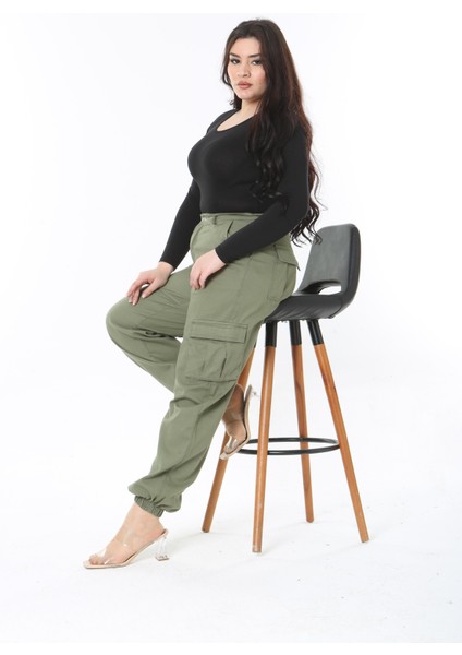 Kadın Büyük Beden Haki Gabardin Kumaş Yüksek Bel Kargo Cepli Paça Lastikli Pantolon 65N38901 indirimleri