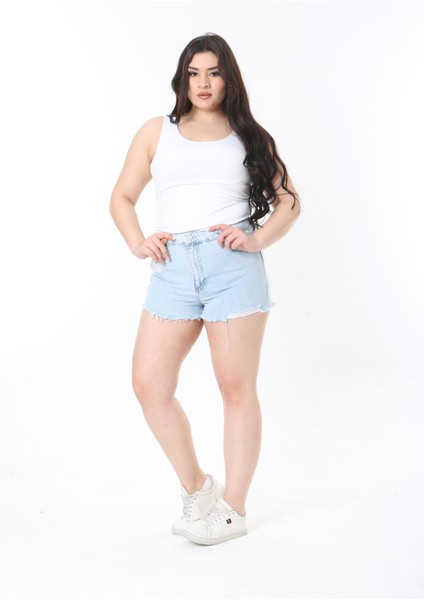 Kadın Büyük Beden Mavi Yırtık Detaylı 5 Cepli Kot Şort 65N38919 indirimleri