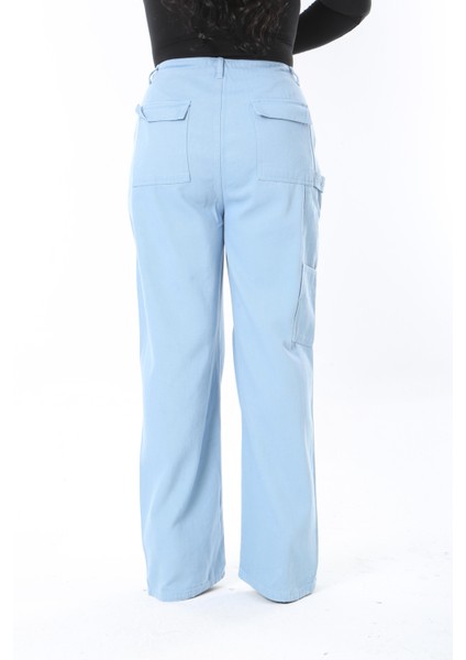 Kadın Büyük Beden Mavi Yüksek Bel Kargo Cepli Geniş Paçalı Kot Pantolon 65N38896 fiyatları