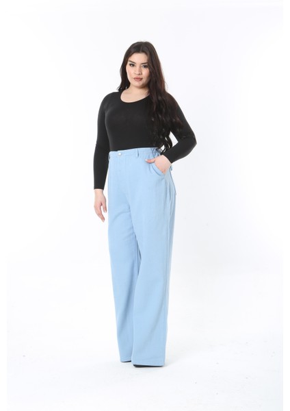 Kadın Büyük Beden Mavi Yüksek Bel Kargo Cepli Geniş Paçalı Kot Pantolon 65N38896 fırsatları