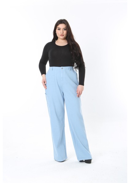 Kadın Büyük Beden Mavi Yüksek Bel Kargo Cepli Geniş Paçalı Kot Pantolon 65N38896 indirimleri