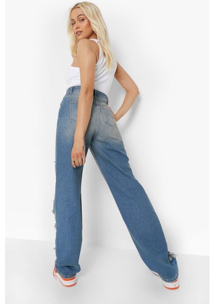 Kadın Büyük Beden Mavi, Yüksek Bel, Yırtık Detaylı, Taş Yıkamalı 5 Cep Kot Pantolon 65N38798 fiyatları