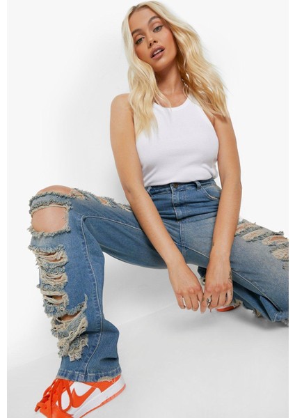 Kadın Büyük Beden Mavi, Yüksek Bel, Yırtık Detaylı, Taş Yıkamalı 5 Cep Kot Pantolon 65N38798 modelleri