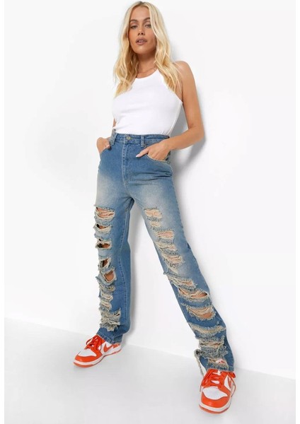 Kadın Büyük Beden Mavi, Yüksek Bel, Yırtık Detaylı, Taş Yıkamalı 5 Cep Kot Pantolon 65N38798 indirimleri