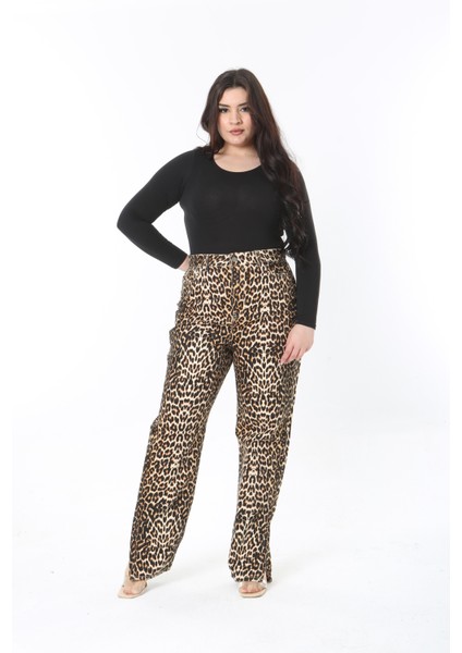 Kadın Büyük Beden Leo Leopar Desenli Yüksek Bel Yan Yırtmaçlı Pantolon 65N38885