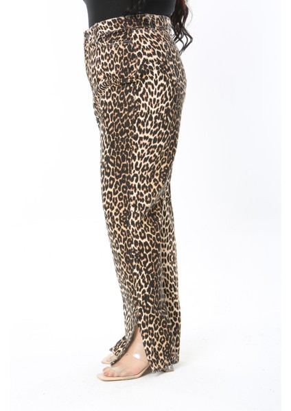 Kadın Büyük Beden Leo Leopar Desenli Yüksek Bel Yan Yırtmaçlı Pantolon 65N38885 fiyatları