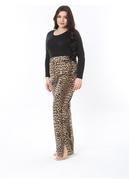 Kadın Büyük Beden Leo Leopar Desenli Yüksek Bel Yan Yırtmaçlı Pantolon 65N38885 modelleri