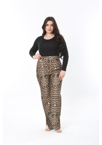 Kadın Büyük Beden Leo Leopar Desenli Yüksek Bel Yan Yırtmaçlı Pantolon 65N38885 indirimleri