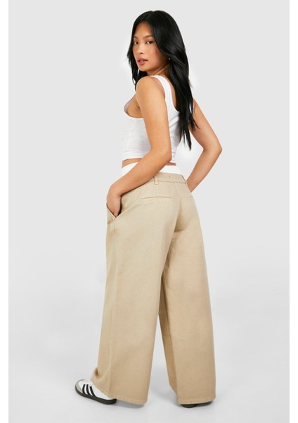 Kadın Büyük Beden Bej, Boxer Bel, Geniş Paça, Cepli Kot Pantolon 65N38827 modelleri