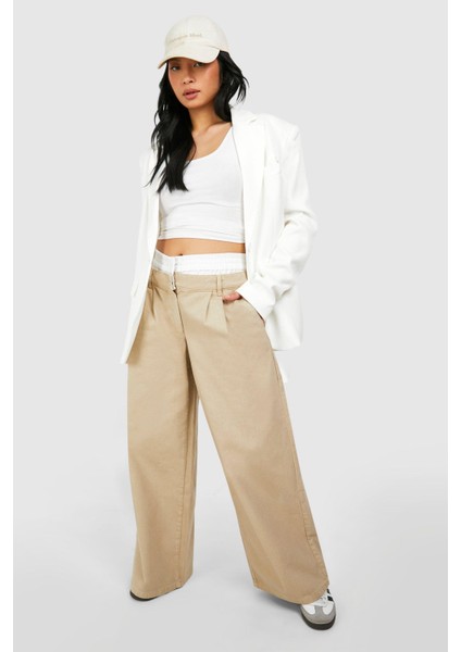 Kadın Büyük Beden Bej, Boxer Bel, Geniş Paça, Cepli Kot Pantolon 65N38827 fırsatları