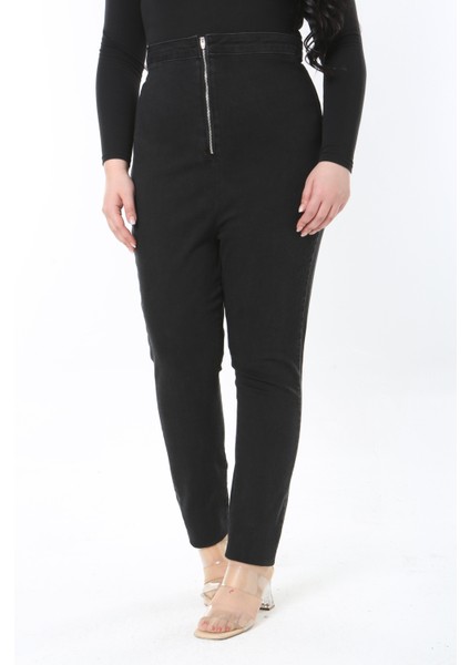 Kadın Büyük Beden Siyah Yüksek Bel Ön Fermuarlı Arka Cepli Skinny Kot Pantolon 65N38900