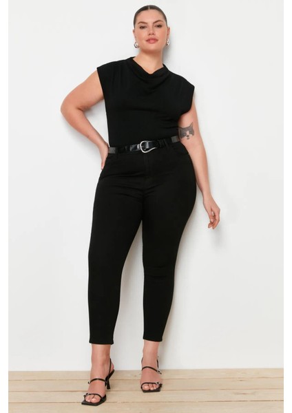 Kadın Büyük Beden Siyah, Yüksek Bel, Yıkamalı Denim Kumaş 5 Cep Esnek Skinny Kot Pantolon 65N38746 modelleri