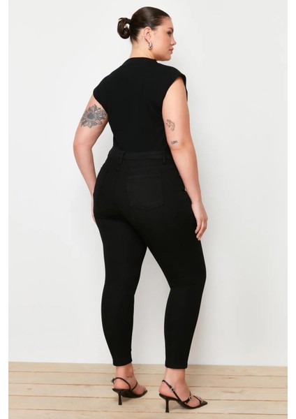 Kadın Büyük Beden Siyah, Yüksek Bel, Yıkamalı Denim Kumaş 5 Cep Esnek Skinny Kot Pantolon 65N38746 indirimleri