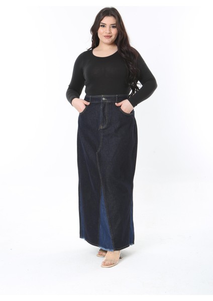 Kadın Büyük Beden Lacivert Kup Detaylı 5 Cepli Uzun Kot Etek 65N38891