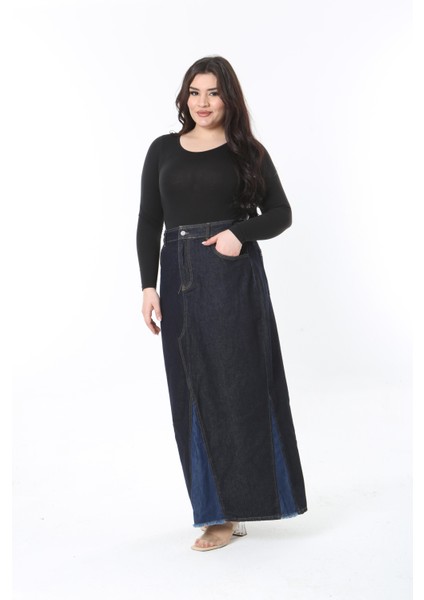 Kadın Büyük Beden Lacivert Kup Detaylı 5 Cepli Uzun Kot Etek 65N38891 fiyatları