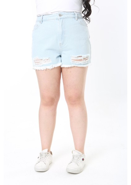 Kadın Büyük Beden Mavi Yırtık Detaylı 5 Cepli Kot Şort 65N38913 fiyatları